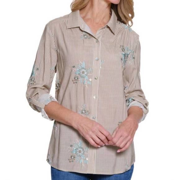 NEW MULTIPLES roll tab front button shirt with embroidery in white - Picture 1 of 6